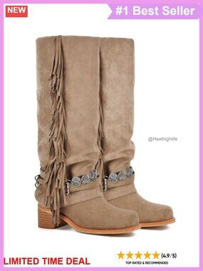 Knee High Riding Boots Fringe Buckle Chunky Heel Suede Fold Over